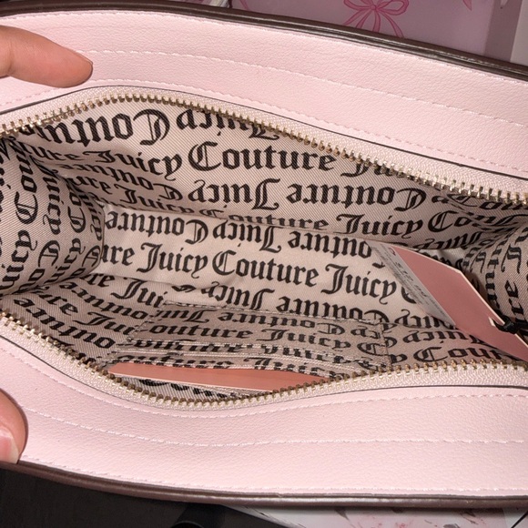 Juicy Couture Pink & Tan Striped Makeup Bag with Faux Fur Charm - Picture 7 of 7